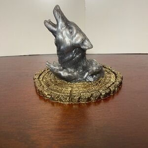 Majestic Silver Wolf on Gold Base Sculpture
